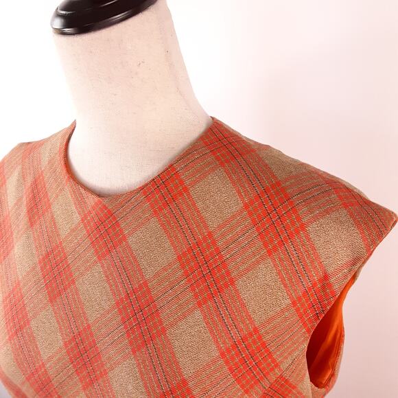 Ivan Frederics Orange Tan Plaid Retro Vintage Lined Sleeveless Dress Pleated M L - Picture 3 of 9